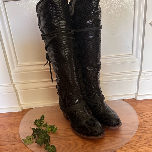 Freebird Black Over the Knee Snakeskin Boots
